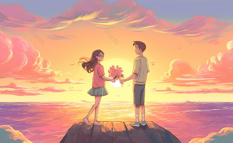 唯美浪漫情侣扁平卡通风海边约会手绘插画海边对视送花场景,插画/手绘图,插画/手绘图库,插画/手绘图下载,插画/手绘